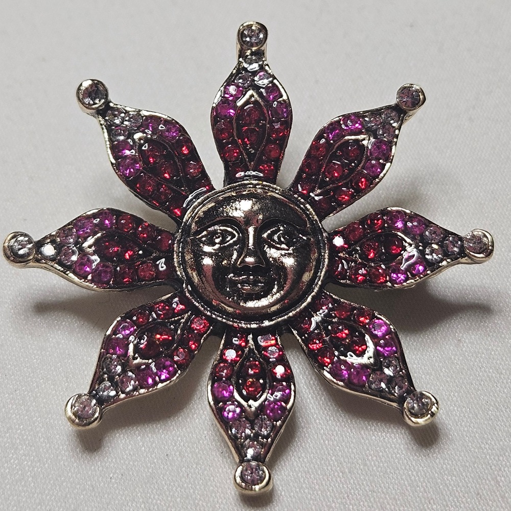 Sun Face Brooch Womens OS Pink‎ Purple Rhinestone Celestial Sunburst Pin